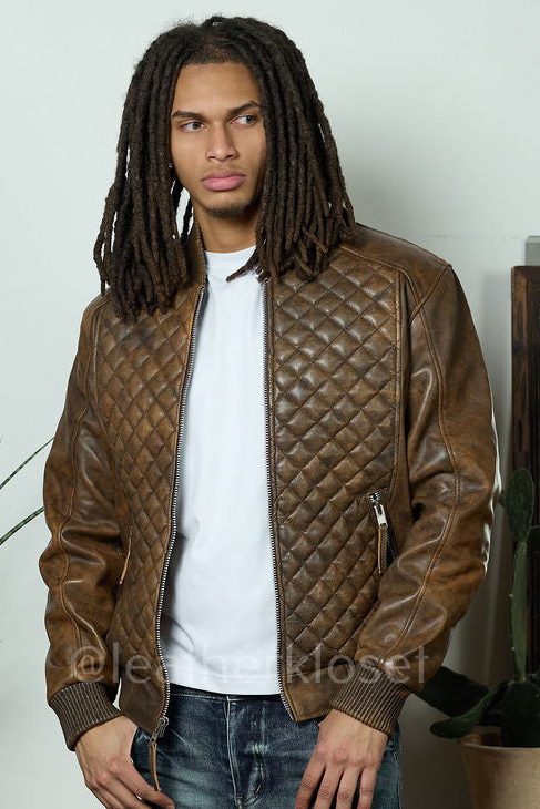 Men's Lucas Quilted Leather Bomber Jacket [Antique Brown]