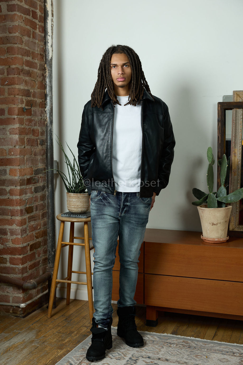 Men's Classic Baseball Leather Jacket With Collar [Black]