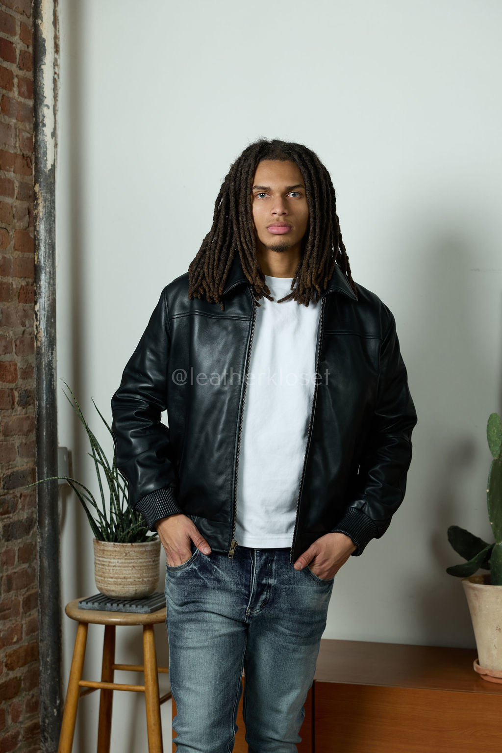 Men's Classic Baseball Leather Jacket With Collar [Black]