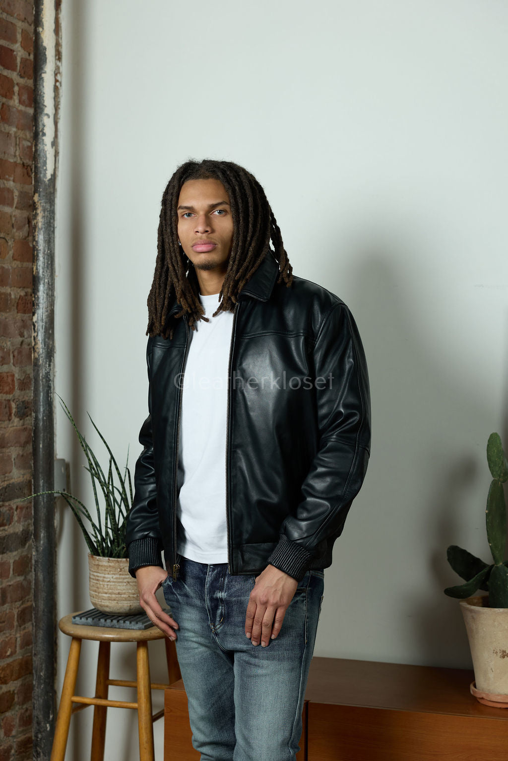 Men's Classic Baseball Leather Jacket With Collar