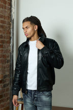 Men's Classic Baseball Leather Jacket With Collar