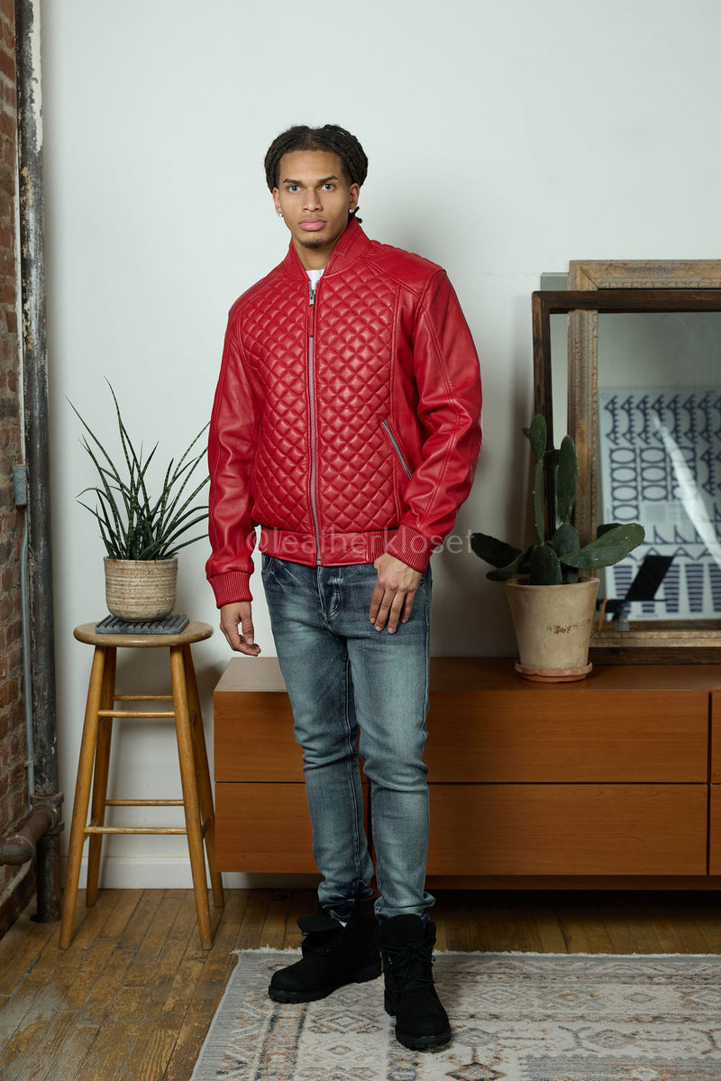 Men's Lucas Quilted Leather Bomber Jacket [Red]