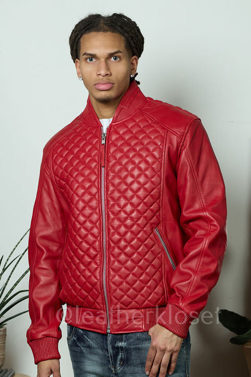 Men's Lucas Quilted Leather Bomber Jacket [Red]