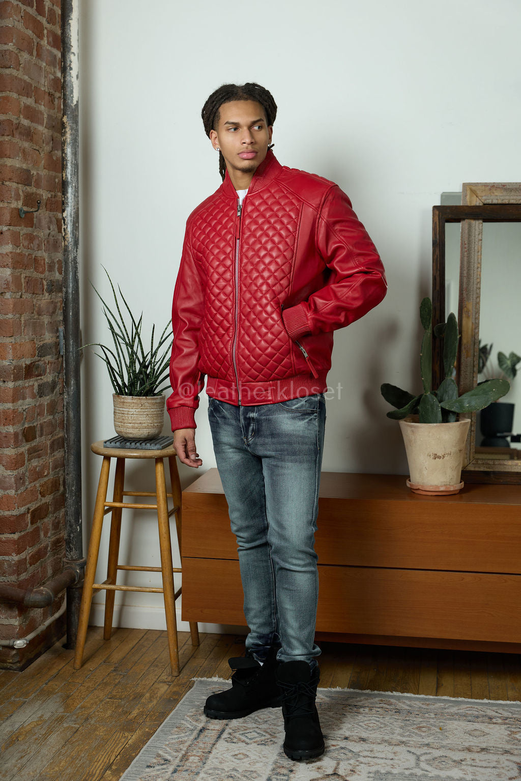 Men's Lucas Quilted Leather Bomber Jacket [Red]