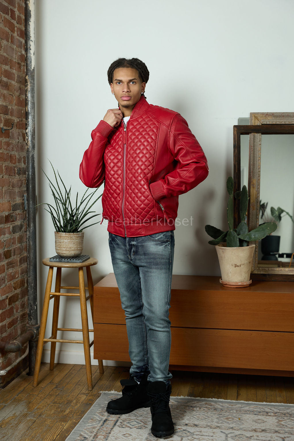 Men's Lucas Quilted Leather Bomber Jacket [Red]