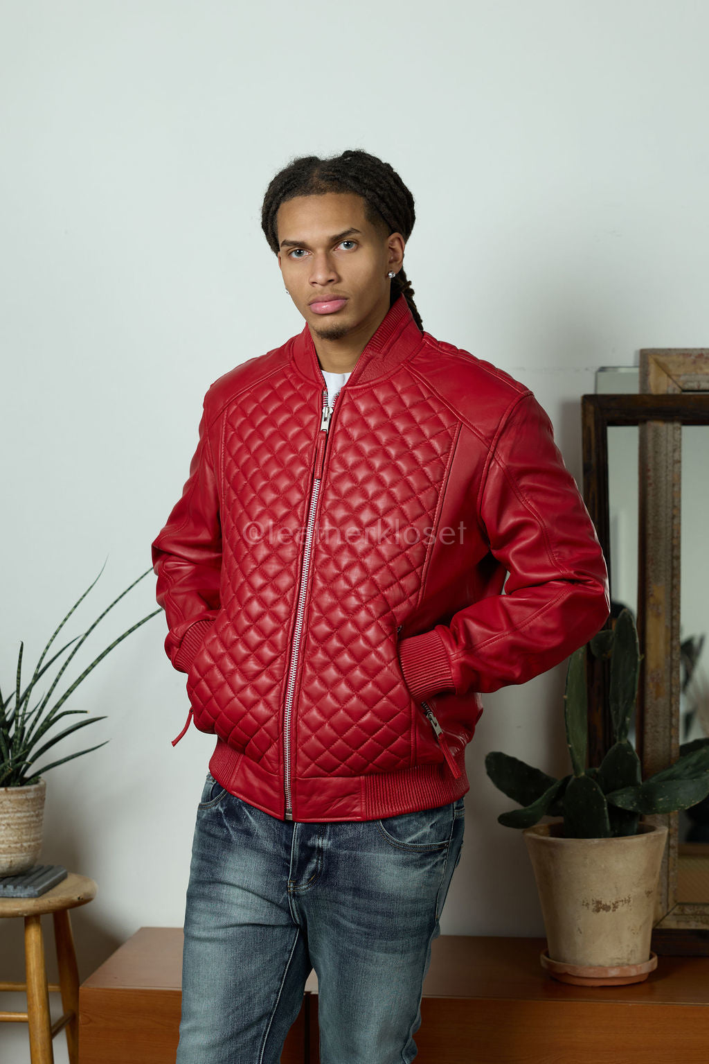 Men's Lucas Quilted Leather Bomber Jacket [Red]
