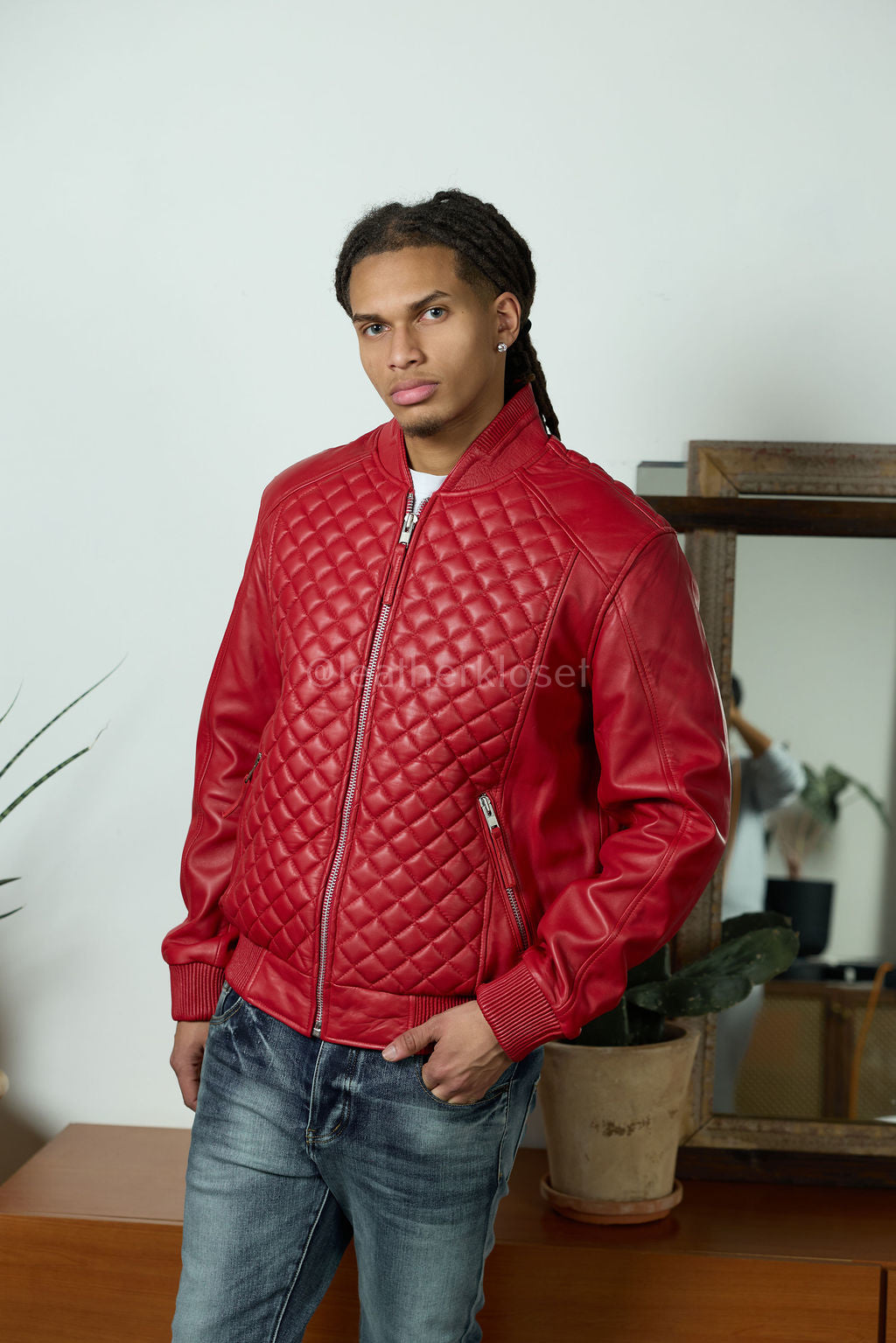 Men's Lucas Quilted Leather Bomber Jacket [Red]
