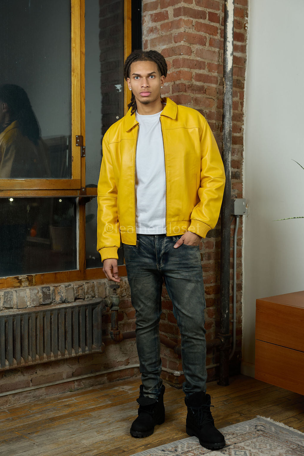 Men's Classic Baseball Leather Jacket With Collar