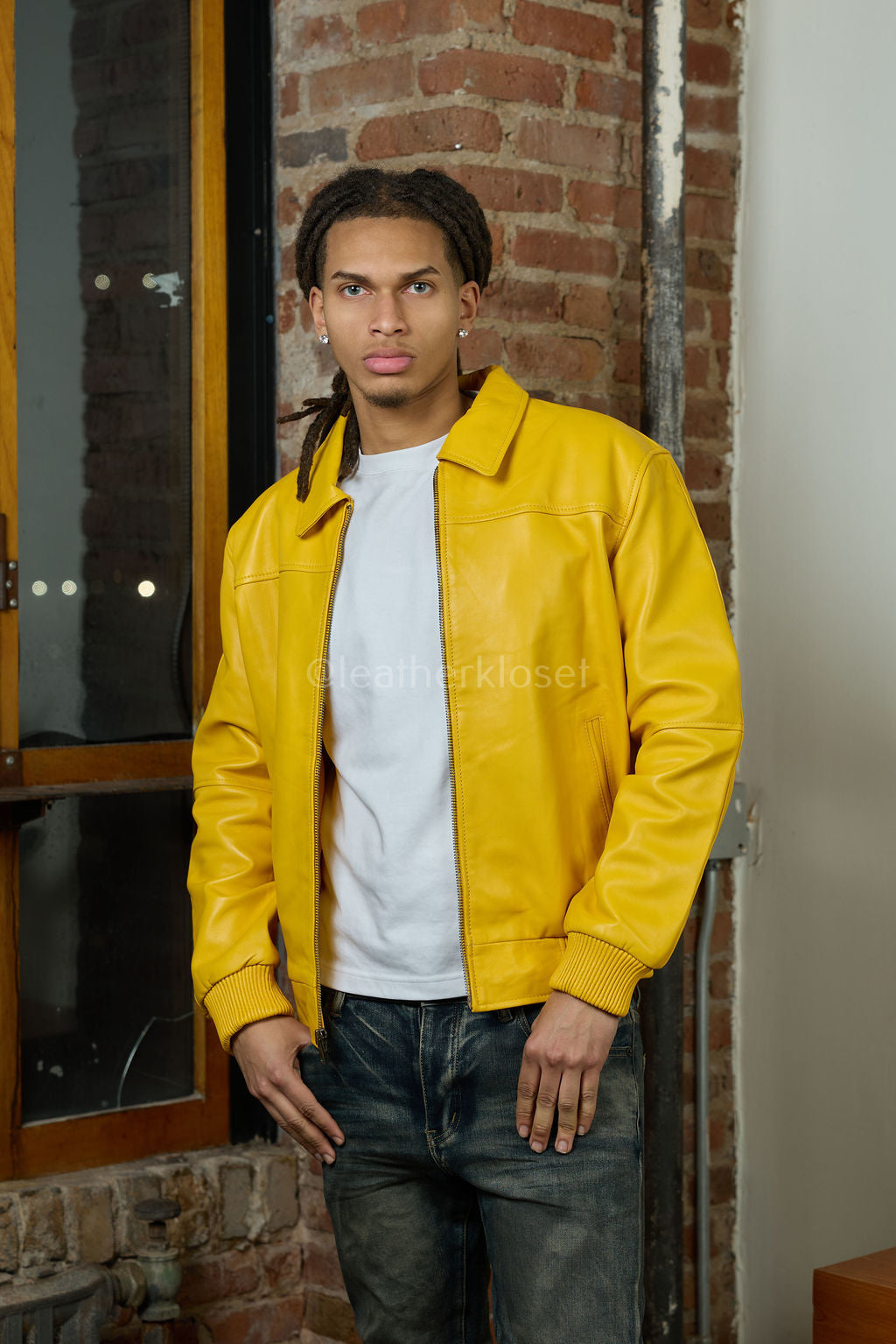 Men's Classic Baseball Leather Jacket With Collar