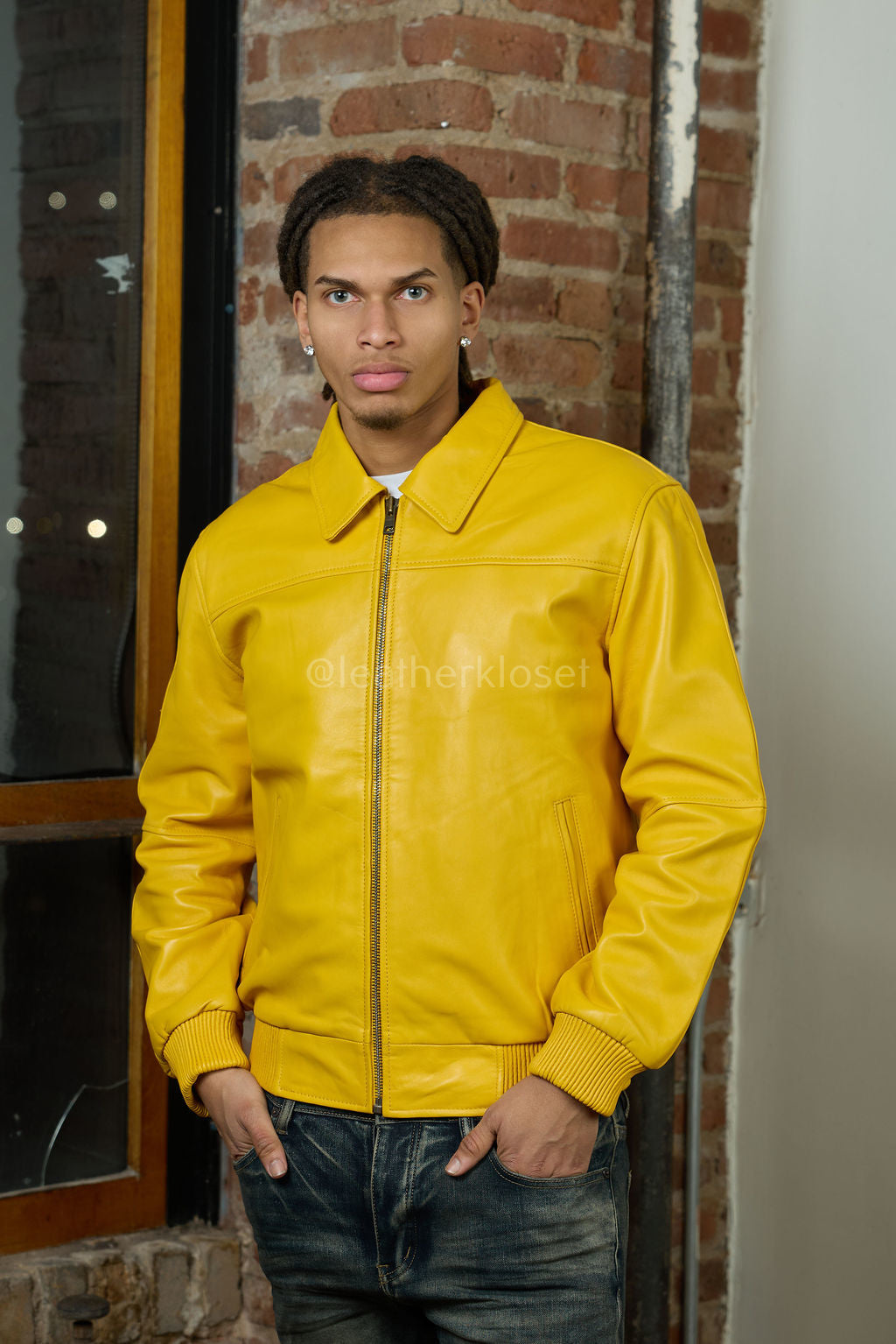 Men's Classic Baseball Leather Jacket With Collar