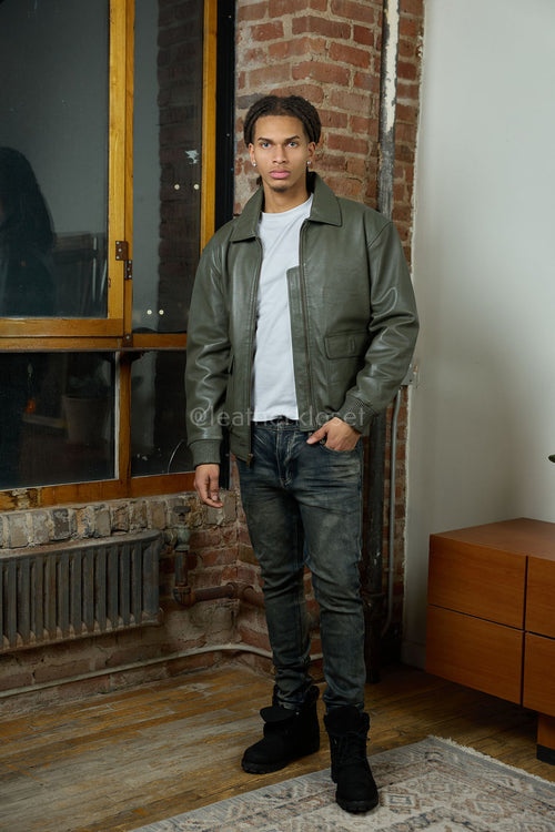 Men's Leather Pilot Aviator Bomber Jacket [Olive Green]