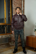 Men's Leather Pilot Aviator Bomber Jacket [Burgundy]
