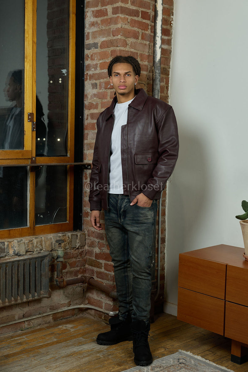 Men's Leather Pilot Aviator Bomber Jacket [Burgundy]