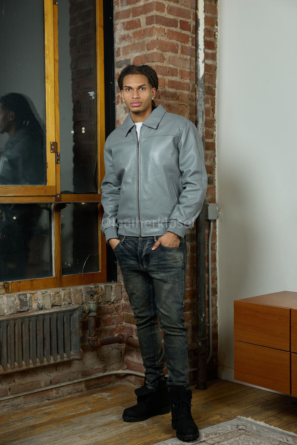 Men's Classic Baseball Leather Jacket With Collar