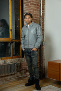 Men's Classic Baseball Leather Jacket With Collar [Gray]