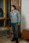 Men's Classic Baseball Leather Jacket With Collar [Gray]