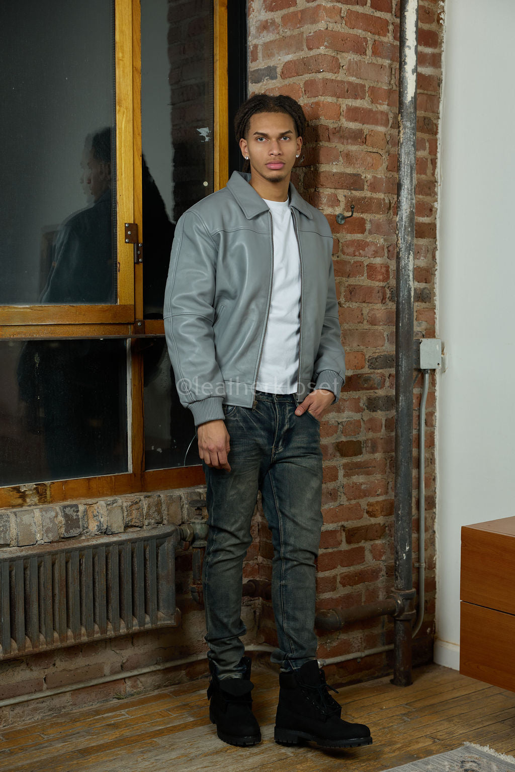 Men's Classic Baseball Leather Jacket With Collar