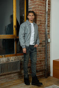 Men's Classic Baseball Leather Jacket With Collar [Gray]