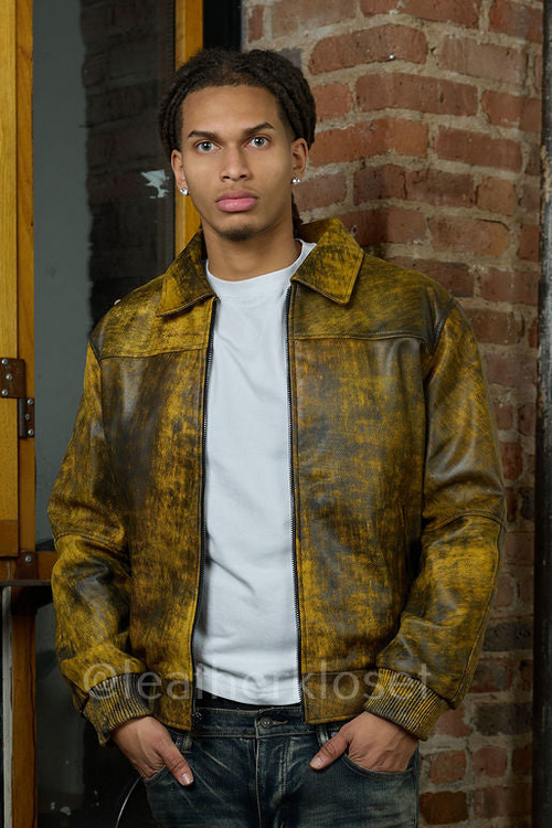 Men's Classic Baseball Leather Jacket With Collar [Distressed Yellow]