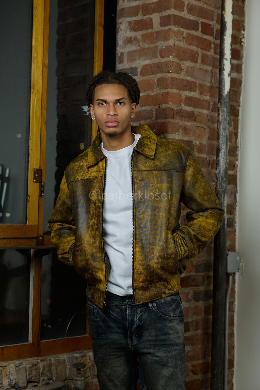 Men's Classic Baseball Leather Jacket With Collar