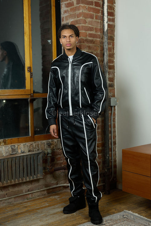 Men's Brayden Leather Track Suit Sweatsuit [Black/White]
