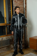 Men's Brayden Leather Track Suit Sweatsuit [Black/White]