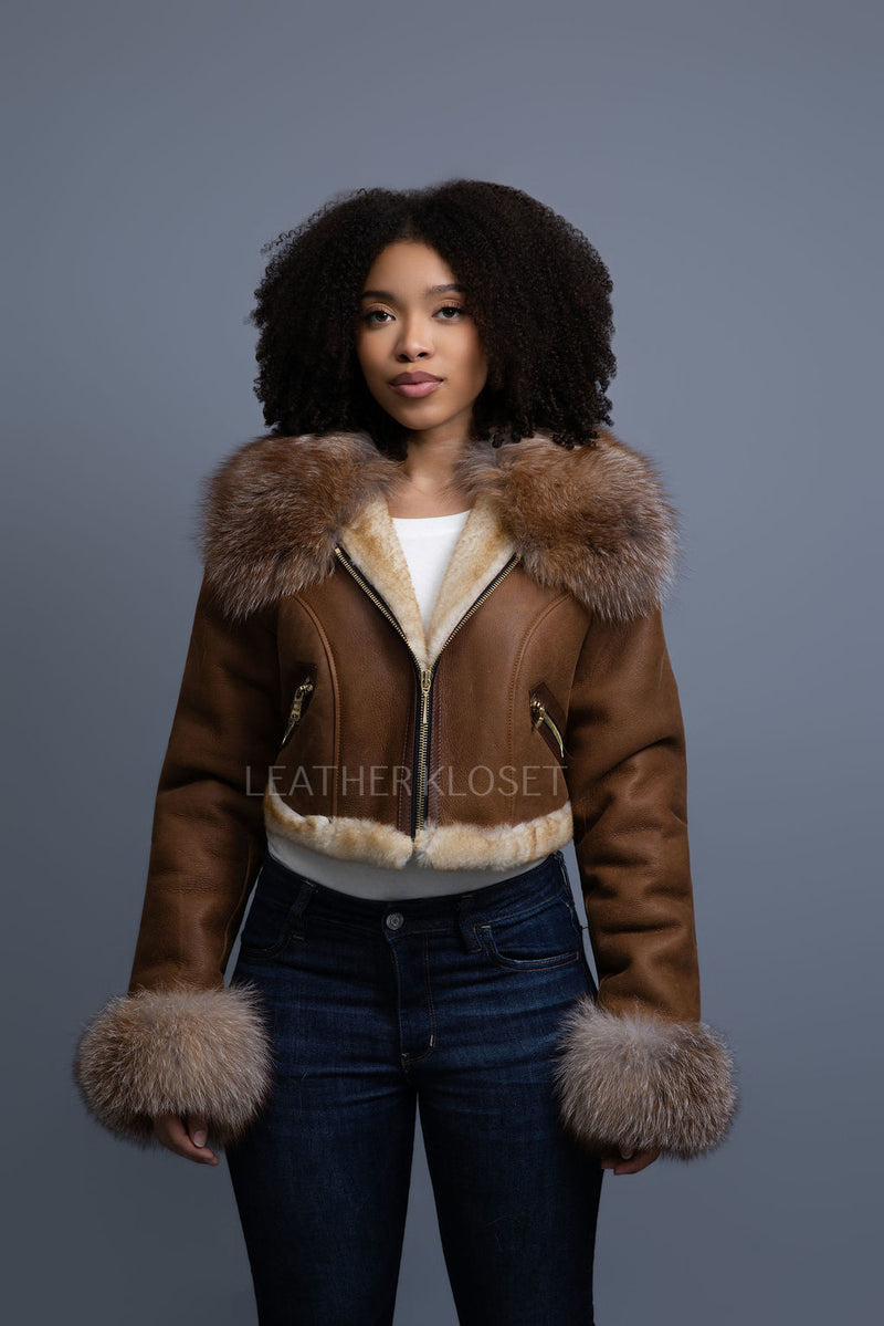 Women's Aurora Crop Sheepskin Jacket With Fox