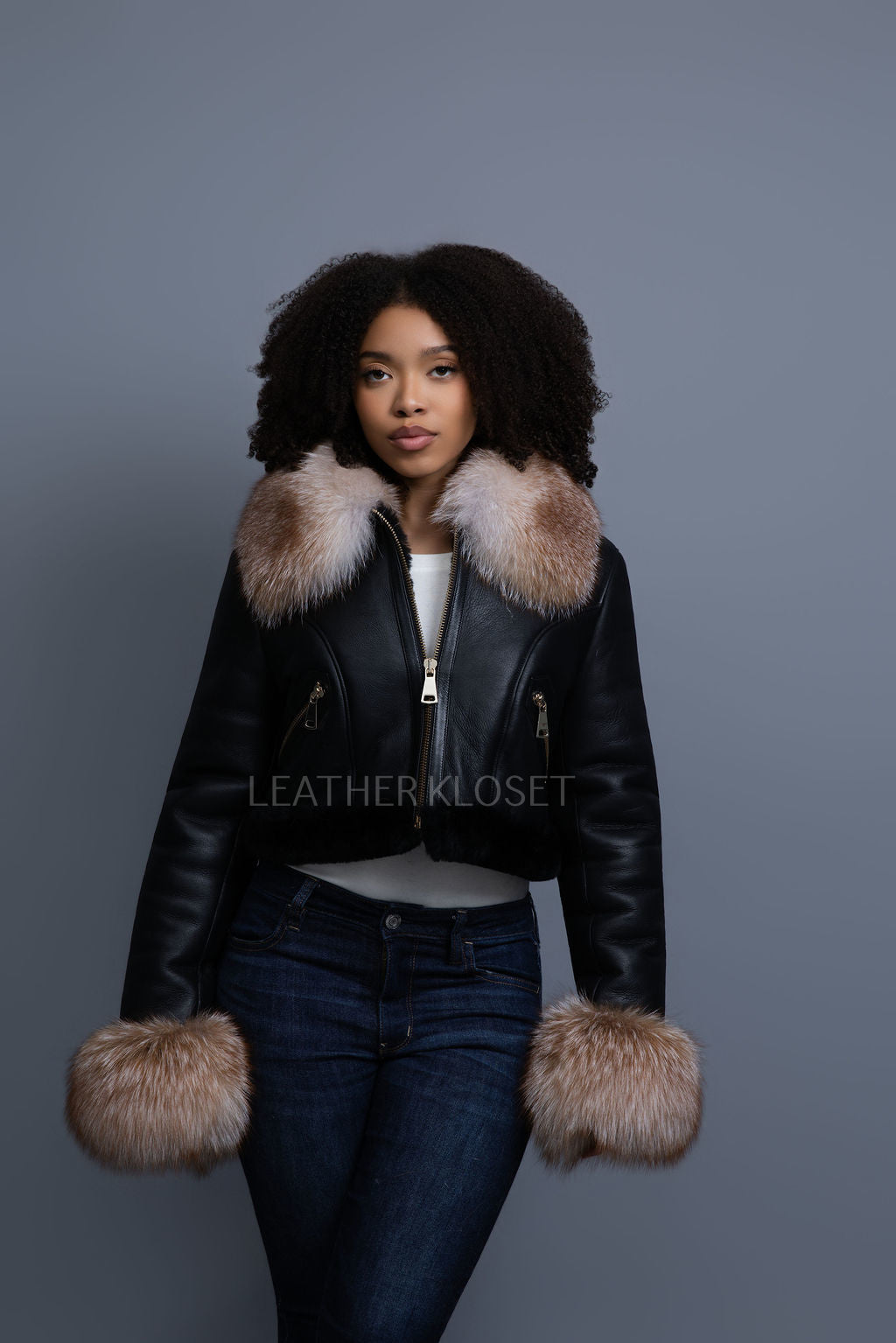 Women's Aurora Crop Sheepskin Jacket With Fox [Black/Crystal]
