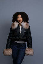 Women's Aurora Crop Sheepskin Jacket With Fox [Black/Crystal]