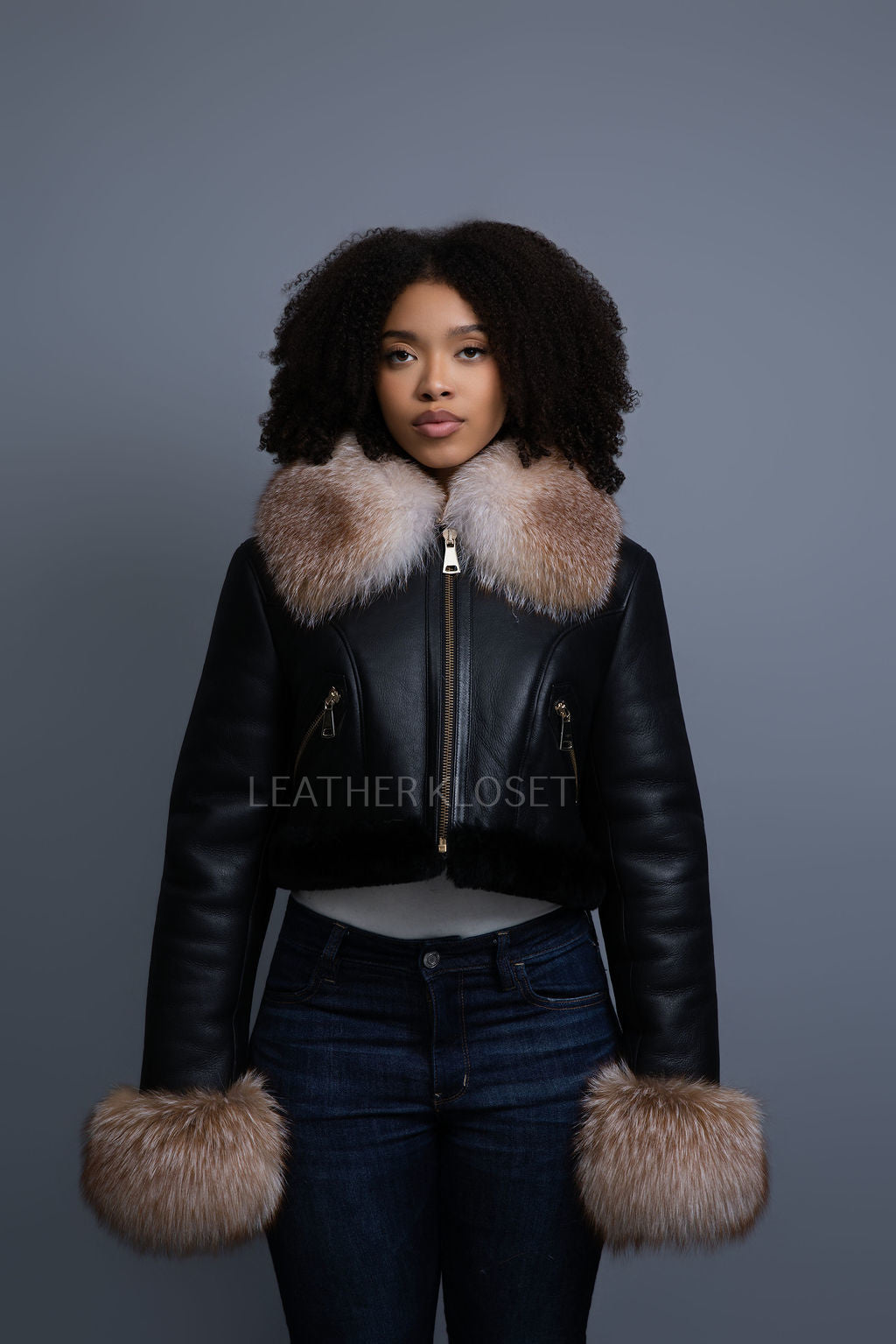 Women's Aurora Crop Sheepskin Jacket With Fox [Black/Crystal]