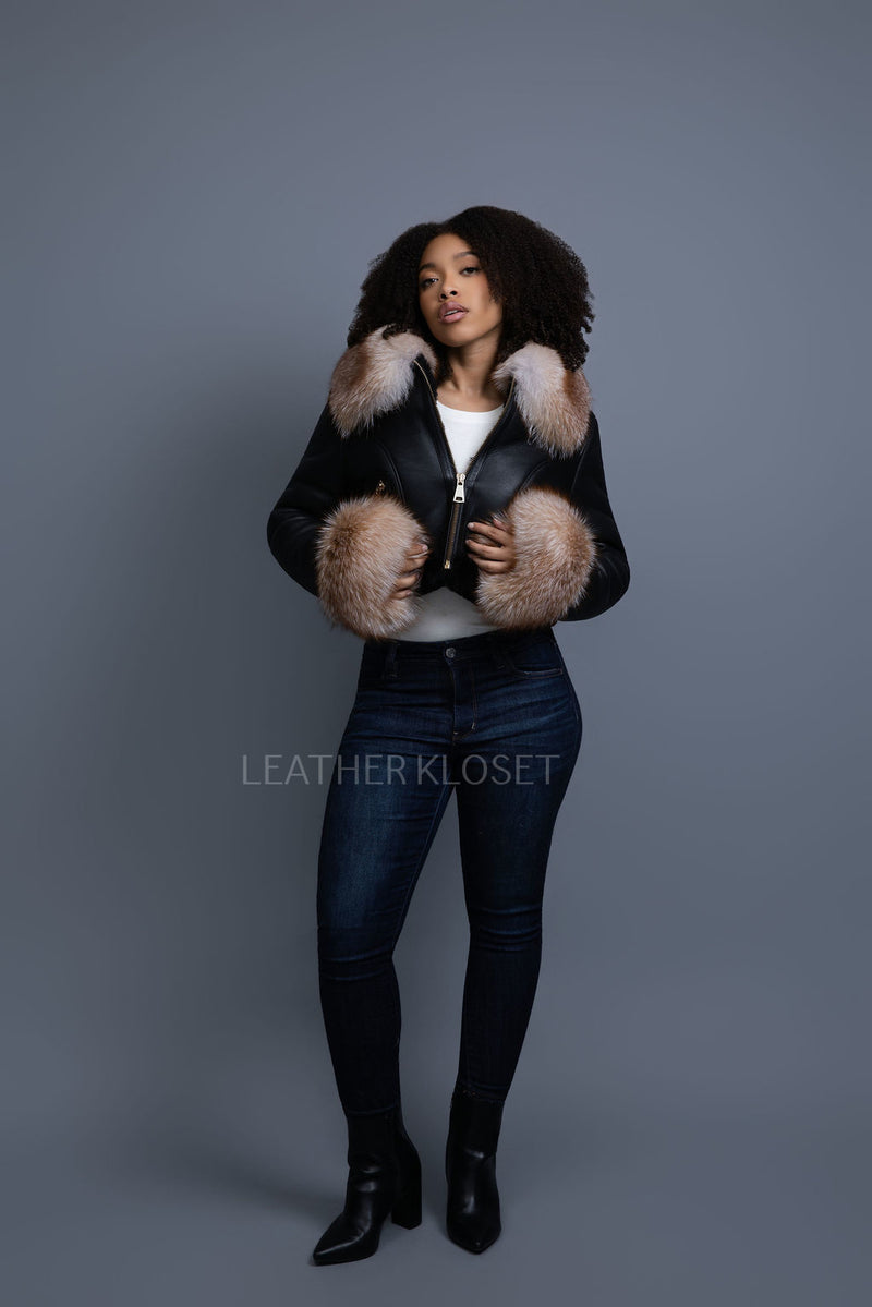 Women's Aurora Crop Sheepskin Jacket With Fox [Black/Crystal]