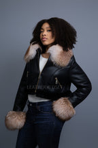 Women's Aurora Crop Sheepskin Jacket With Fox [Black/Crystal]