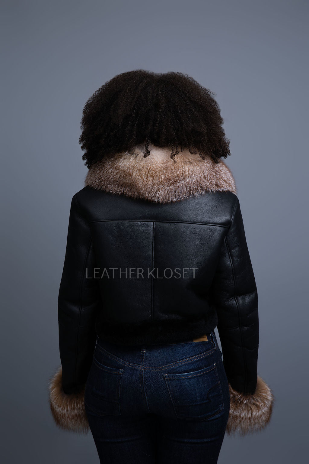 Women's Aurora Crop Sheepskin Jacket With Fox [Black/Crystal]