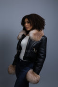 Women's Aurora Crop Sheepskin Jacket With Fox [Black/Crystal]