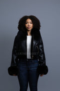 Women's Aurora Crop Sheepskin Jacket With Fox [Black/Black]