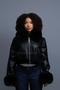 Women's Aurora Crop Sheepskin Jacket With Fox [Black/Black]
