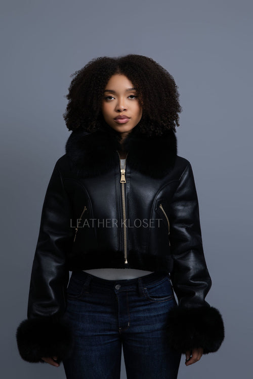 Women's Aurora Crop Sheepskin Jacket With Fox [Black/Black]