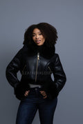Women's Aurora Crop Sheepskin Jacket With Fox [Black/Black]