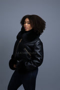 Women's Aurora Crop Sheepskin Jacket With Fox [Black/Black]