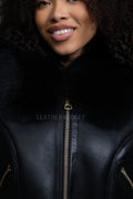 Women's Aurora Crop Sheepskin Jacket With Fox [Black/Black]