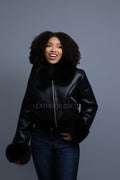 Women's Aurora Crop Sheepskin Jacket With Fox [Black/Black]