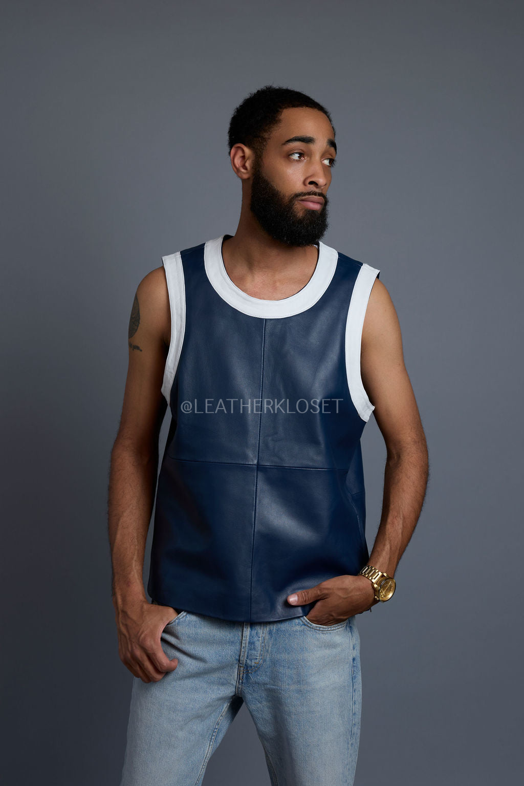 Men's Leather Crossover Leather Basketball Jersey [Navy/White]