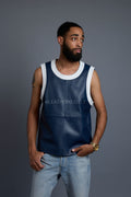 Men's Leather Crossover Leather Basketball Jersey [Navy/White]