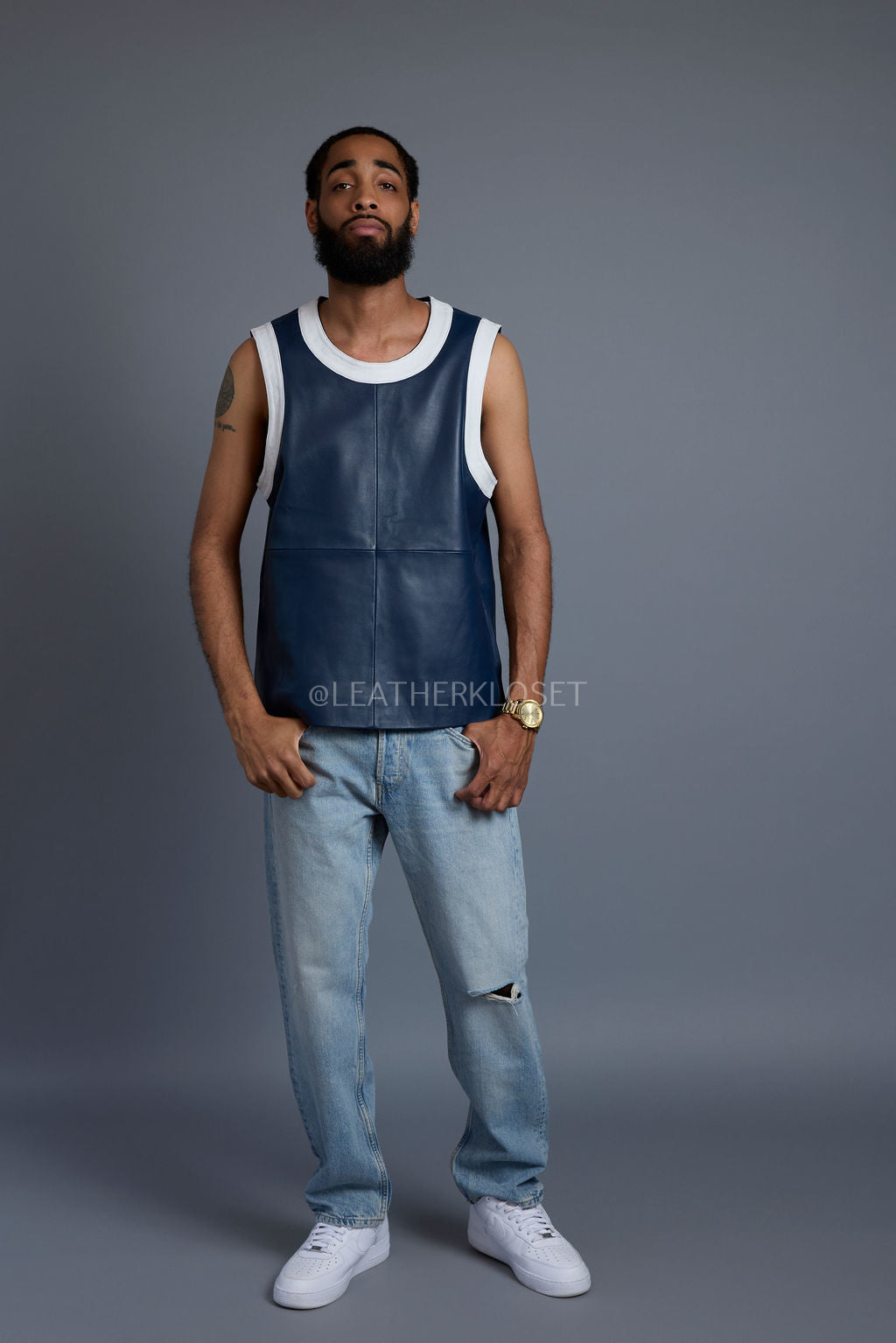 Men's Leather Crossover Leather Basketball Jersey [Navy/White]