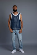 Men's Leather Crossover Leather Basketball Jersey [Navy/White]