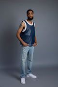 Men's Leather Crossover Leather Basketball Jersey [Navy/White]