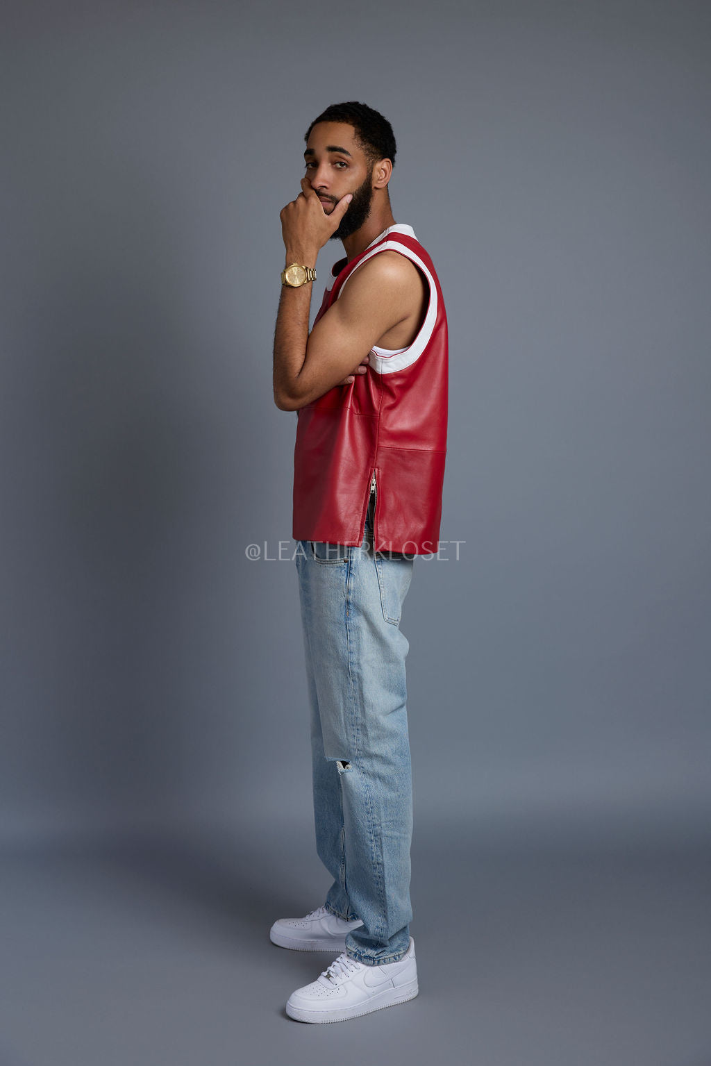 Men's Leather Crossover Leather Basketball Jersey [Red/White]