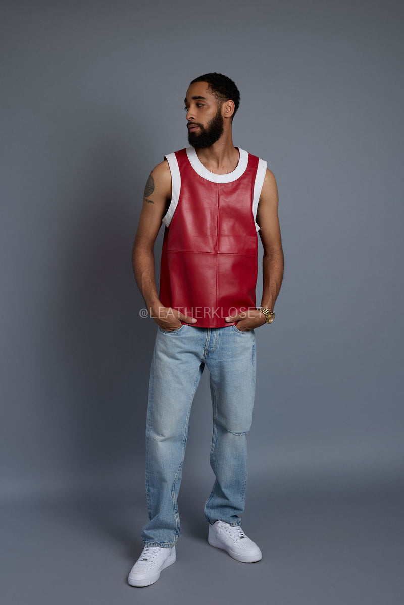 Men's Leather Crossover Leather Basketball Jersey [Red/White]