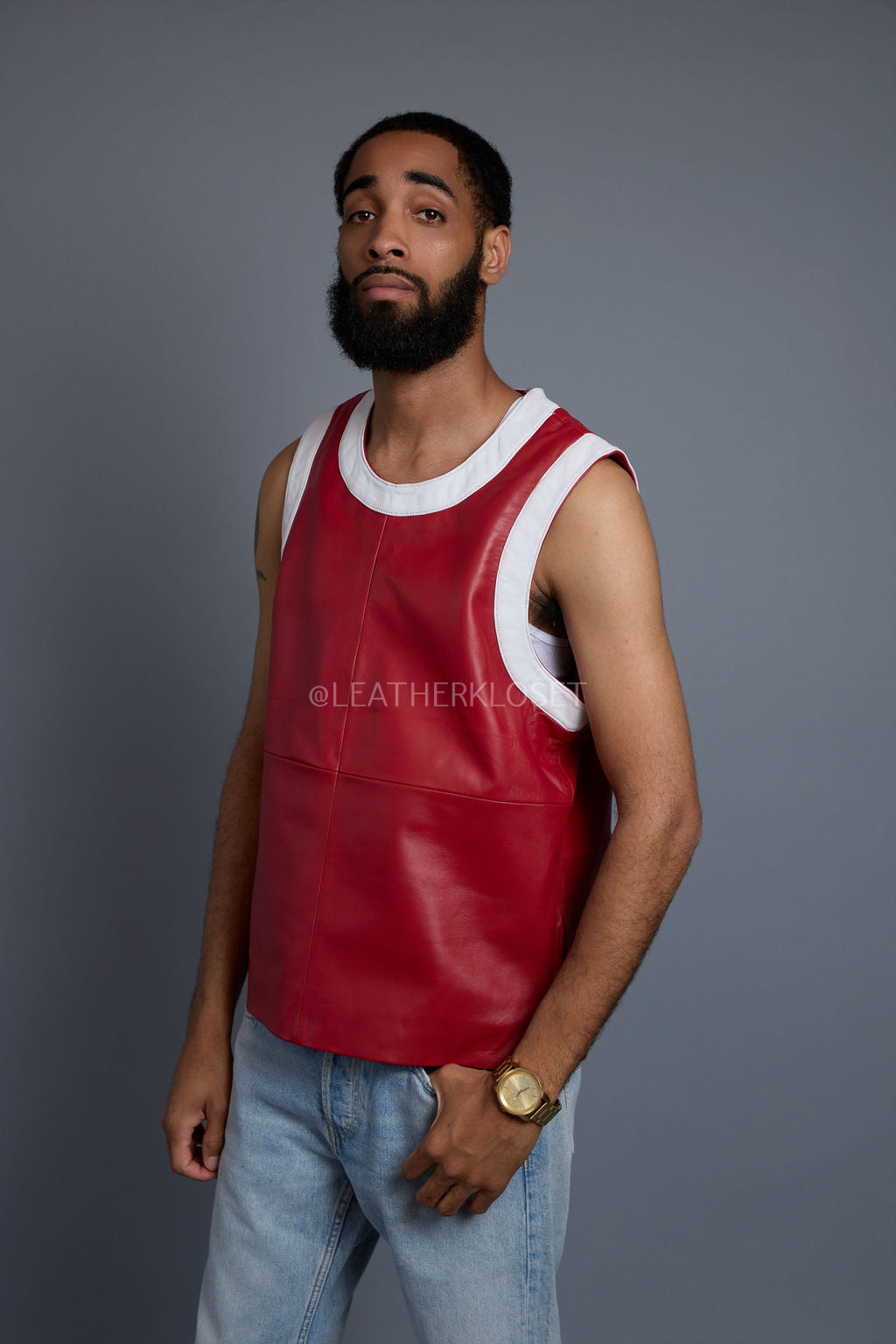 Men's Leather Crossover Leather Basketball Jersey [Red/White]