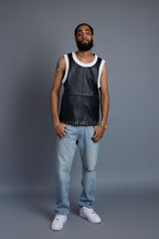 Men's Leather Crossover Leather Basketball Jersey [Black/White]